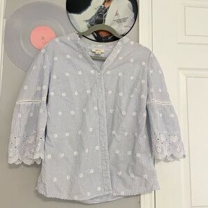 Style & Co. women’s Blue Striped Blouse with White Embroidery